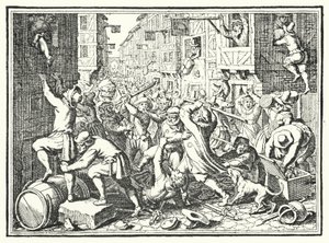 Plundringen av Judengasse, det judiska gettot i Frankfurt, i Fettmilch-upproret, 1614 av German School