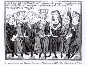 Poetisk och musikalisk kongress, Wartburg, 1207, illustration från vetenskap och litteratur under medeltiden och renässansen, skriven och graverad av Paul Lacroix, 1878 av German School