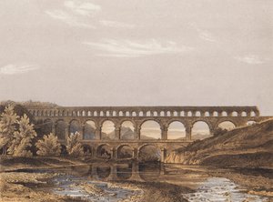 Pont du Gard, romersk akvedukt, Nimes, Frankrike (färglitografi) av German School