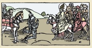 Påven Leon I möter Attila och Arrete - Barbarians invasioner - Gravyr från "Leben der Heiligen - sommerteil" (The Book of the Saint) av Jacobus (James) av Voragine (1228-1298). Lübeck 1488. av German School