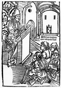 Porträtt av Albertus Magnus med några av hans elever, illustration till titelbladet till Epitomata, reparationer eller hela Aristoteles naturfilosofi. av Gerardus de Harderwyck, publicerad 14 av German School