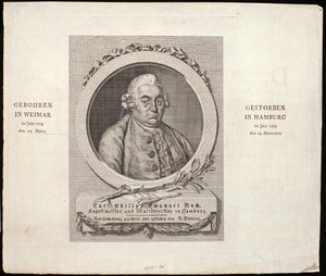 Porträtt av Carl Philipp Emanuel Bach (1714-88) graverad av C. D. Krohn, 1788 av German School