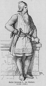 Porträtt av Frederic I av Hauhenstaufen känd som Frederic Barberousse (1122-1190), tysk romersk kejsare. Gravyr i "" Kaiser, Konig und Papft"" av Richard Roth av German School