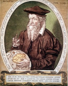 Porträtt av Gerhard Kremer dit Gerardus Mercator (1512-1594). Falsk titel på den första upplagan av Atlas. av German School