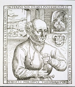 Porträtt av Theothrastus Paracelsus (1493-1541), kopia av en illustration från hans bok Astronomica et Astrologica Pouscula, Köln 1567, använd i en historia om magi, publicerad i slutet av 1800-talet (woodc av German School