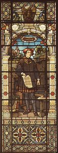 Porträtt av William Caxton (ca 1422-91) utfört av Mayer and Co., Münchenbaserad firma verksam i London, ca 1880 (glasmålningsfönster). av German School