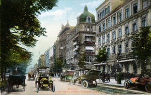 Vykort föreställande Unter den Linden och Kranzler-Eck i Berlin, ca 1910 (färgat foto) av German School