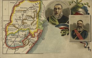 President Paul Kruger, general Piet Joubert och en karta över Transvaal och Orange Free State