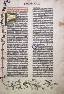 Prolog folio med guld och grön bokstav "F", och kant av löv, blommor, vinstockar och fåglar, 1455 av German School