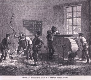 Preussar som tröskar majs i en fransk skolsal, Cassells historia om kriget mellan Frankrike och Tyskland publicerad av Cassell and Company Limited, ca 1890 (litho) av German School
