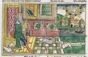 Psalmer: frontispice som visar kung David som spelar lyra, från Nürnbergbibeln (Biblia Sacra Germanaica) (färgat träsnitt) av German School