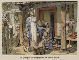 Drottning Louise av Preussen, välgörare åt de fattiga (färg litho) av German School