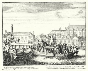Drottning Mary, gemål till kung James II, flyr England med prinsen av Wales och hela hennes hov, december 1688 (gravyr) av German School