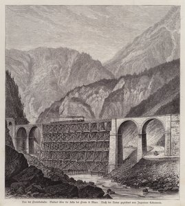Järnvägsviadukt över floden Fella vid Ponte di Muro, Friuli, Italien (gravyr) av German School