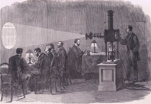 Läser ballongavgångar med mikroskop, Cassells historia om kriget mellan Frankrike och Tyskland publicerad av Cassell and Company Limited, ca 1890 (litho) av German School