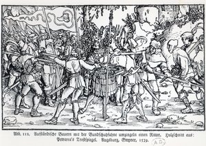 Rebelliska bönder som omger en riddare, från en illustration till Trostspiegel av Petrarch, 1539 av German School