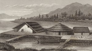 Rekonstruktion av en gammal sjöby. Illustration för Bilder-Atlas (gravyr) av German School
