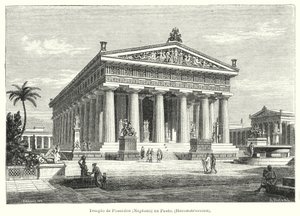 Rekonstruktion av det antika grekiska templet Poseidon, Paestum, Italien (litho) av German School