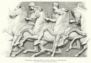 Relief från Parthenonfrisen föreställande atenska ungdomar som rider på hästar (gravyr) av German School