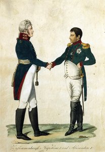 Möte mellan Napoleon (1769-1821) och tsar Alexander I (1777-1825). (Möte av Napoleon och Alexander I). Anonymt arbete, gravyr och akvarell av German School