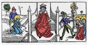 Representation av martyrdöden för Saint Symphorose, en kristen från 2000-talet, och hennes sju söner, under kejsar Hadrianus regering. Gravyr från "Leben der Heiligen - sommerteil" (Helgonets bok) av Jacobus (James) av Voragine (1228-12) av German School