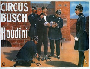 Reproduktion av en affisch från 1907 som visar Houdini före en flykt från ett tyskt fängelse av German School