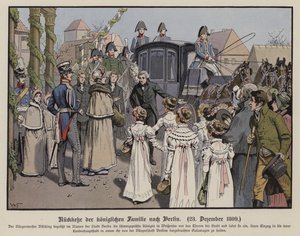 Den preussiska kungafamiljens återkomst till Berlin, 23 december 1809 (färg litho) av German School