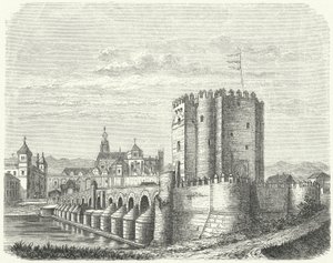 Romersk bro och stora moskén i Cordoba, Spanien (gravyr) av German School