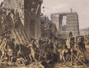 Romerska soldater stormar en fästning (färglitografi) av German School