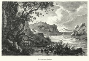 Romulus och Remus, legendariska grundare av det antika Rom, som dias av hon-vargen i vildmarken (gravyr) av German School