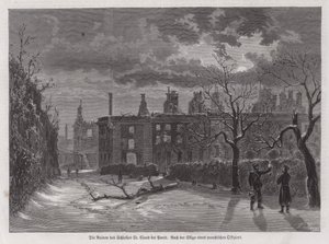 Ruinerna av Chateau de Saint-Cloud, Paris, förstördes av preussisk beskjutning 1870 under det fransk-preussiska kriget (gravyr) av German School