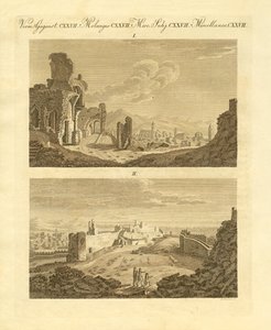 Ruinerna av den gamla staden Sagunto i Spanien (färgad gravyr) av German School