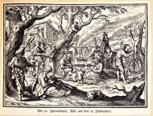 Landsbygdsfolk under medeltiden. Tysk gravyr från 1700-talet. Anonym. Bibl. av Deco Arts. av German School