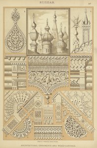Ryska, arkitektoniska ornament och träsniderier (lito i färg) av German School