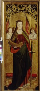 Saint Catherine of Alexandria (cirka 290-307) (Saint Catherine). Bär en bit av tortyrhjulet av hans martyrskap. Målning av en Westfalsk mästare (verksam mellan 1470 och 1480), olja på trä, ca 1470-1480. tysk konst av German School