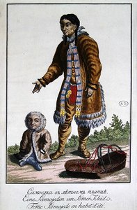 Samojedkvinna i sommarkläder med sin baby och en vagga, sent artonde århundradet (färgad gravyr) av German School