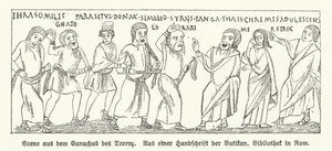 Scen från Eunuchus (The Eunuch), komedi av den romerske dramatikern Terence (litho) av German School
