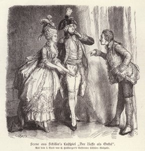 Scen ur Friedrich Schillers komedi Der Neffe als Onkel (brorsonen som farbror) (gravyr) av German School