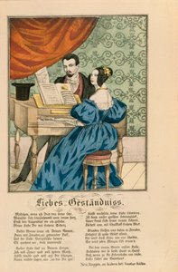 Scen som visar ett par vid pianot, med en kärleksdikt skriven under, från Neuruppiner Bilderbogen, 1850 av German School