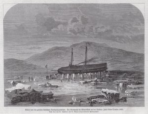 Schooner Germania på Sabine Island utanför Grönlands östkust, andra tyska nordpolarexpeditionen, slutet av oktober 1869 (gravyr) av German School