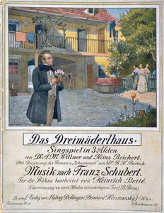 Partitur Omslag till Das Dreimaederlhaus (De tre flickornas hus) föreställande Schubert framför huset, 1916 av German School
