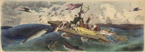 Skeppsbrottsöverlevande drivande på en flotte i Söderhavet (färgad gravyr) av German School