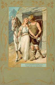 Siegfried och Brunnhilde i en scen ur Gotterdammerung (chromolitho) av German School