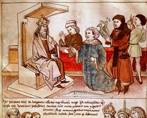 Sigismund I av Luxemburg (1368-1437), kejsare av det heliga riket tar emot hyllningen av de undergivna folken. Miniatyr från "Krönikor från Konciliet i Konstanz" av Ulrich Richental (1360-1437) 1438 ungefär Prag, nationalbibliotek av German School