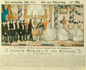 Silverbröllop mellan Fredrik Wilhelm IV av Preussen och hans hustru Elisabet Ludovika av Bayern, 1848 (färglitografi) av German School