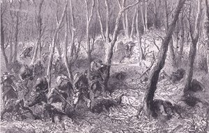 skärmytsling i skogen utanför Paris, Cassells historia om kriget mellan Frankrike och Tyskland publicerad av Cassell and Company Limited, ca 1890 (litho) av German School