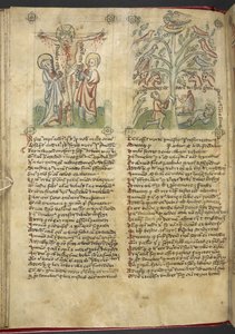 Sloane 361, f.26v Nebukadnessar ser ett träd i en dröm; korsfästelsen, från 