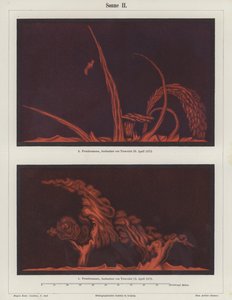 Solprominenser observerade av den franske konstnären och astronomen Etienne Leopold Trouvelot den 15 och 29 april 1872 (lito i färg) av German School