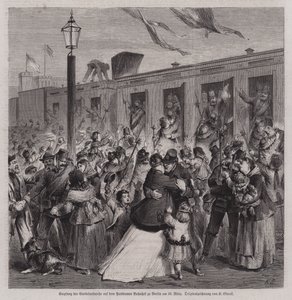 Soldater från den preussiska Garde Landwehr välkomnades vid Potsdam Station, Berlin, när de återvände från det fransk-preussiska kriget, 22 mars 1871 (gravyr) av German School