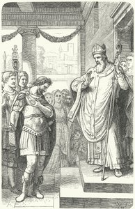 St Ambrosius hindrar den romerske kejsaren Theodosius I från att gå in i Milanos katedral som straff för massakern i Thessalonika, 390 (gravyr) av German School